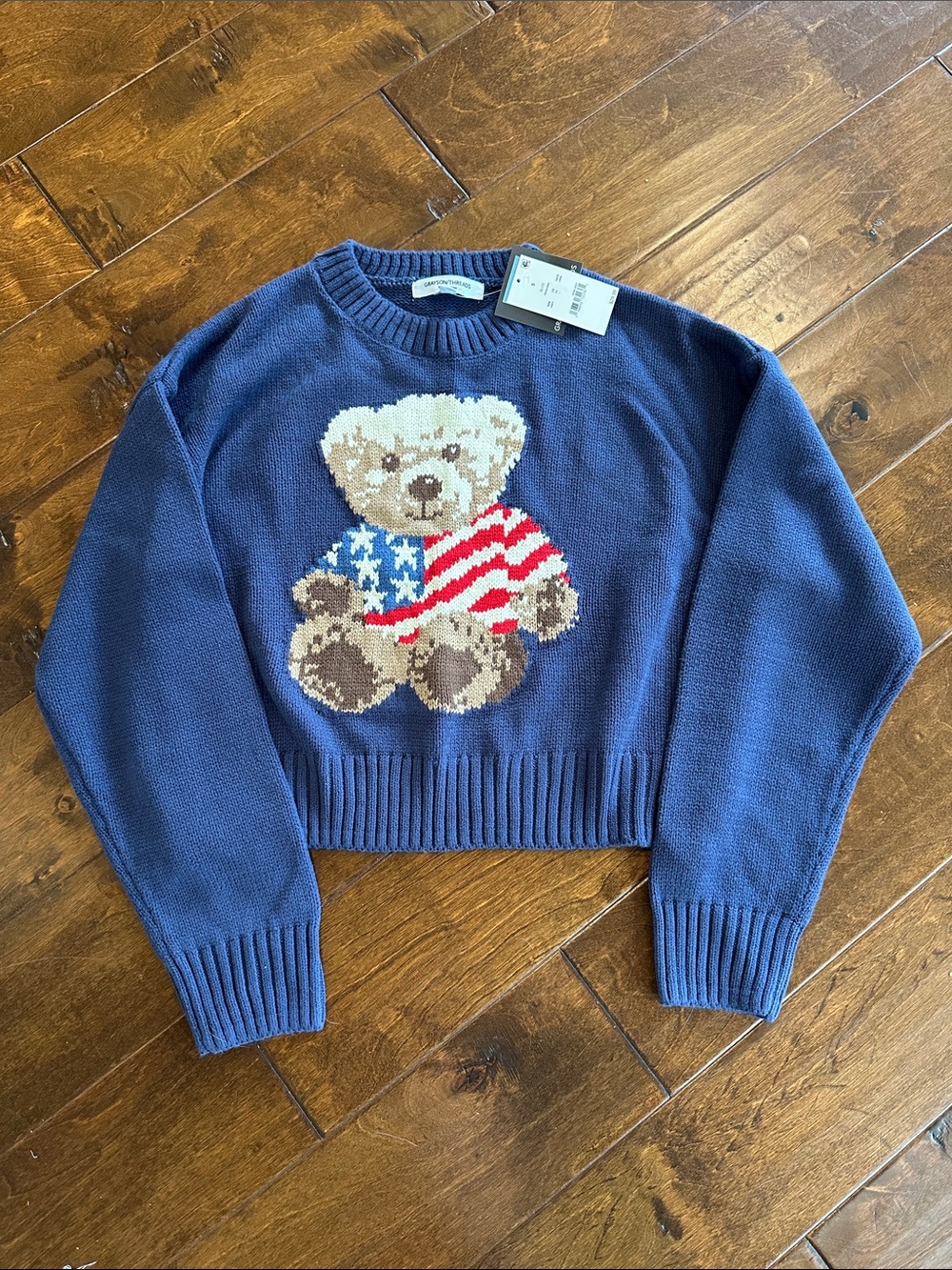 Grayson Threads Navy Crewneck Sweater with Teddy Bear and Flag Motif